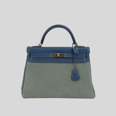 Kelly 32 Limited Edition Bleu de Galice Evercolor Leather and Ciel Veau Grizzly