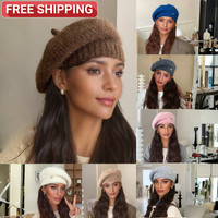 Womens Fluffy Beret Hat Fleece Knit Beanie Hat Winter Thermal Thick Newsboy Cap