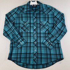 Wrangler Western Shirt Men's Green Black Plaid Pearl Snap Long Sleeve Size 17x35