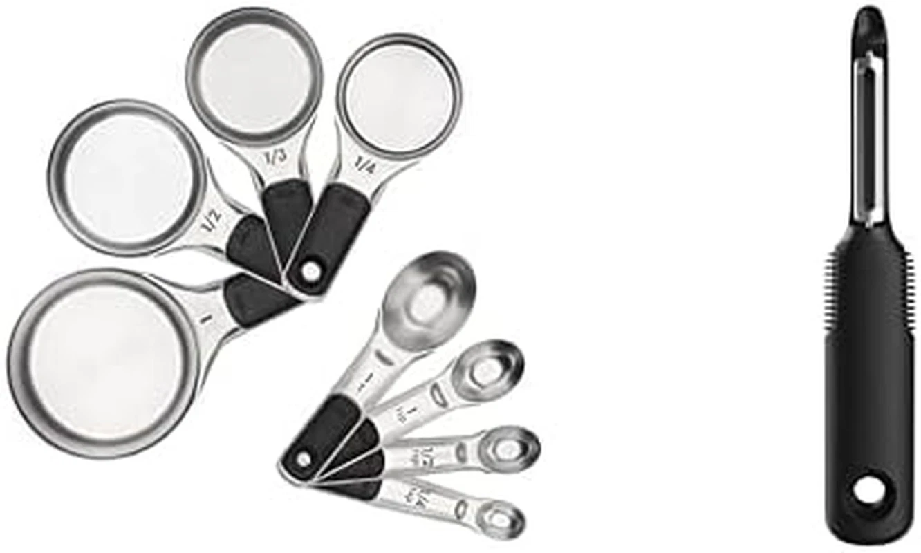 Good Grips Stainless Steel Measuring Cup and Spoon Set + Swivel Vegetable Peeler