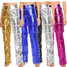 Womens Trousers Ballroom Long Pants Costume Dancewear Yoga Tiered Shiny Latin