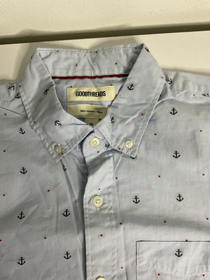 Goodthreads Men's Slim Fit Long Sleeve Dobby Shirt Blue Anchors Red Dots XS