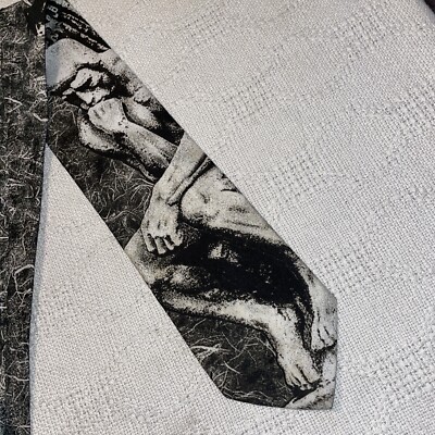 Ralph Marlin Dress Tie Mens Size 56  Gray Thinker Motif Polyester Business