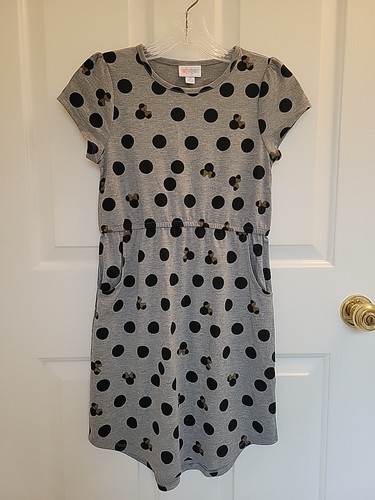 LuLaRoe Mae Dress Kids Girl's Size 12 Minnie Mouse Pattern 2 Pockets Grey Black - Picture 2 of 5