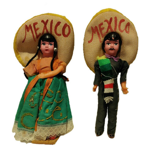 Mexican Souvenir Dolls 1950s Folk Art Hard Plastic Man Woman READ