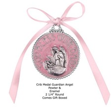 Pink  Silver Epoxy Guardian Angel Crib Medal, 2 1/4" Round, Boxed