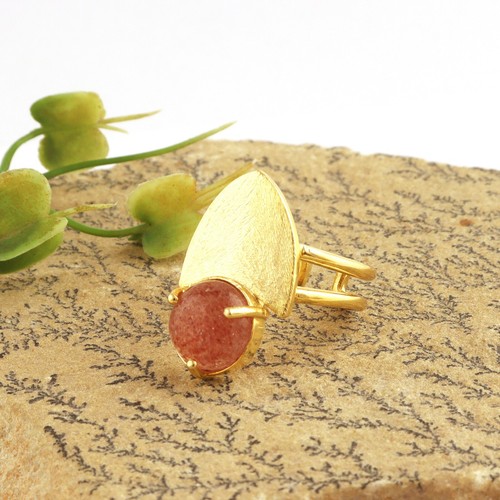 Natural Cherry Quartz Boho Gemstone Gold Plated Double Layer Adjustable Ring - Picture 2 of 3