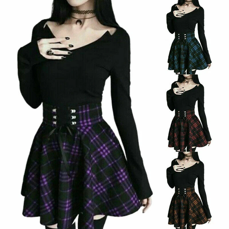 Women Skirt A-Line Belt Plaid Lace Up Mini Pleated Ball Gown Plus Size 5XL  Skirt