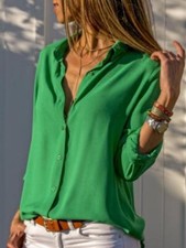 Women's Chiffon Long Sleeve Button Down Shirt Blouse Ladies V-neck Tops S-5xl
