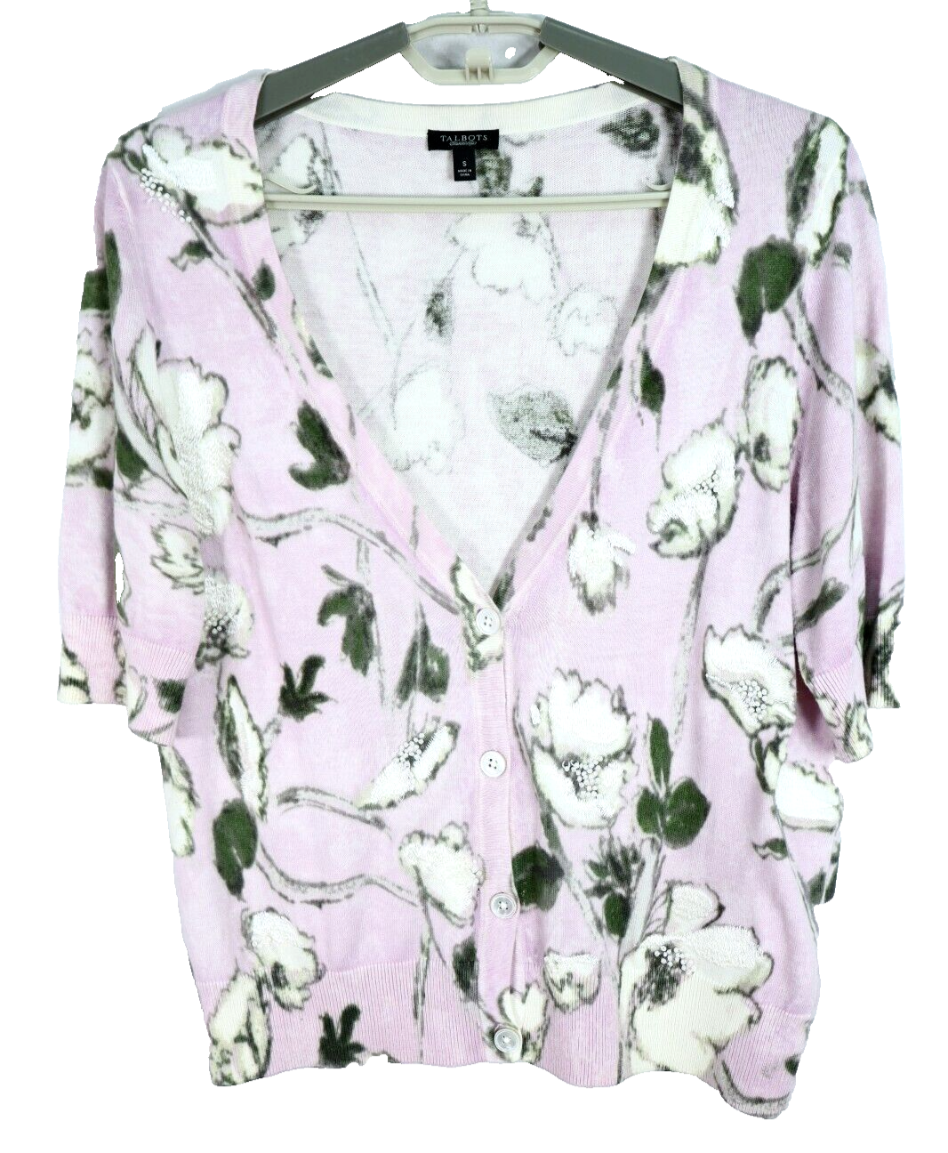 TALBOTS Women's Cotton Rayon Sweater Blouse Floral Beaded Embroidered Size S