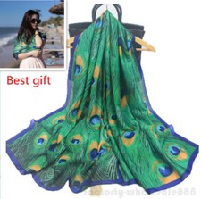 Women Peacock Feather Silk Scarf Hijabs Scarves Wraps Shawl Pashmina 180x90cm