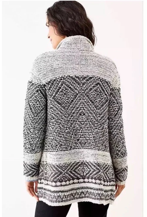 Cárdigan suéter J. Jill Willow Fair Isle manga larga flecos dobladillo negro/blanco XS Foto 2 de 4