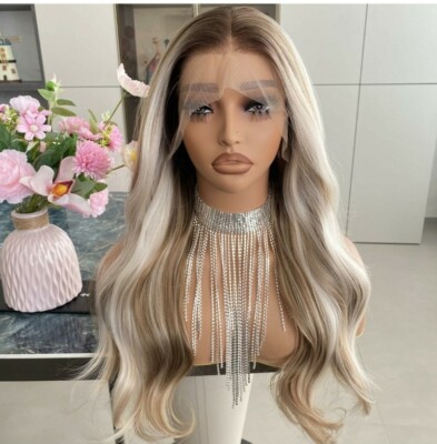 Brown Blonde Ombre Wig HD Front Lace Human Hair Blend Highlights  Wavy Curly