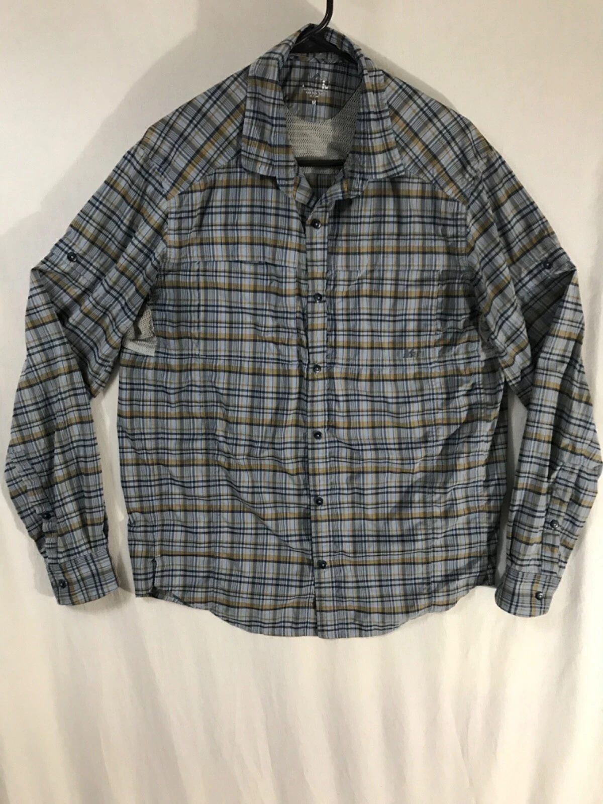 REI Vented Button Up Blue Plaid Long Sleeve Outdoor Fishing Medium
