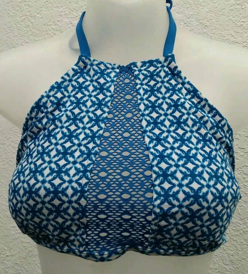 BIQUÍNI MOSSIMO gola alta HALTER TOP XL azul-petróleo esfumaçado branco ilhós floral natação - Imagem 3 de 4