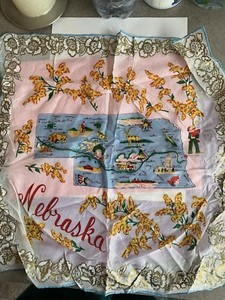 Nebraska State Souvenir SCARF Handkerchief Vintage OLD OREGON TRAIL BUFFALO BILL