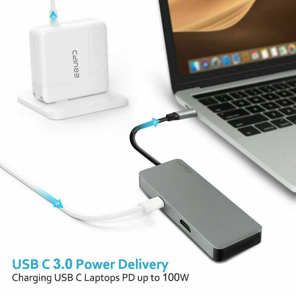 Aluminum USB C Hub 7-in-1 Adapter 4K HDMI Card Reader USB 3.0 100W PD Charging - Image 2 of 4