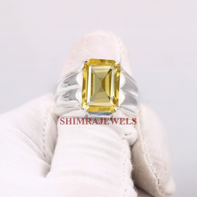 Natural Lemon Quartz Gemstone With White Gold Plated Silver Ring for Men's #1182