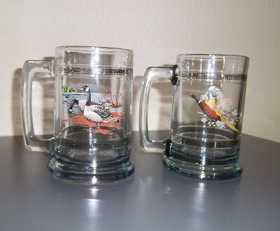 Princess House 2 Glass Colonial Beer MUGS ~ Geese & Pheasant ~ 15 oz w palladium