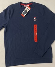 FILA Mens Long Sleeve Crew Neck Pullover Logo Fleece MEDIUM Sweatshirt NAVY BLUE