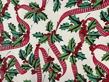 VTG CHRISTMAS WRAPPING PAPER GIFT WRAP HOLLY BERRY RIBBON PRETTY NOS 24" X 36"