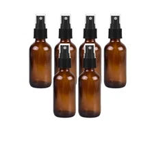 6 Amber 1oz Boston Round Glass Bottle Black Spray Fine Ribbed Mist Sprayer 30ml