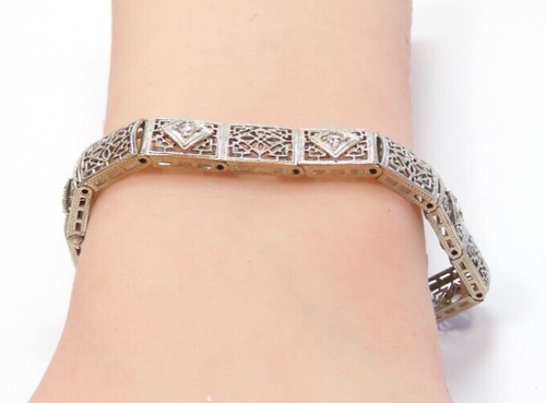 Antique 1920's Rose Diamond Filigree Bracelet 13KW Platinum 7.75" Long 8MM Width - Picture 10 of 14