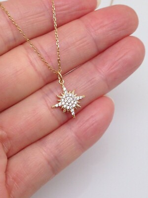 925 Sterling Silver Small Tiny Cz North Star Pendant Necklace 12mm 18''