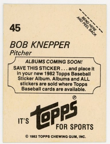 Bob Knepper 1982 Topps Sticker Card #45 Houston Astros Blue Border Baseball MLB - Picture 2 of 2
