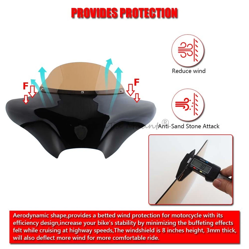 Carenado de murciélago negro vivo para parabrisas apto para Harley Softail Suzuki Boulevard Foto 3 de 4