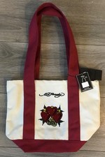 Ed Hardy Canvas Tote Bag - Burgundy and Off White - Rhinestones- 10 x 8