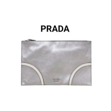 Prada Milano Metallic Silver Saffiano Leather Zip Clutch Bag with COA Dustbag