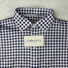 Collars and Co Men's Size Medium Original Semi-Spread Collar Polo Navy Gingham