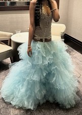 Light Blue Tulle Mermaid Prom Dress with Beaded Ruffle Accents and V-Neck