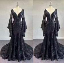 Gothic Mermaid Black Wedding Dresses Sequined V Neck Backless Train Bridal Gown