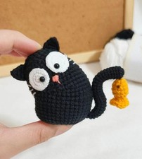 Crochet Black Cat Keychain, Cute Cat Amigurumi, Cat Head Tilt Bag Charm