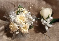 NEW 5" Artificial Ivory Rose Wrist Corsage  Matching Bout, Pearls, Silver Bow