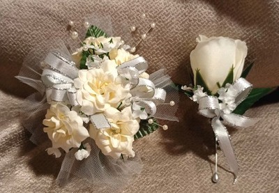 NEW 5'' Artificial Ivory Rose Wrist Corsage & Matching Bout, Pearls, Silver Bow