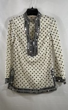Tory Burch Women's Ivory Black Geometric Mirror Sequin Embroidered Tunic Blouse