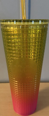 Starbucks 24 oz Yellow Pink Gradient Textured Plastic Cold Cup w/ Straw, Round