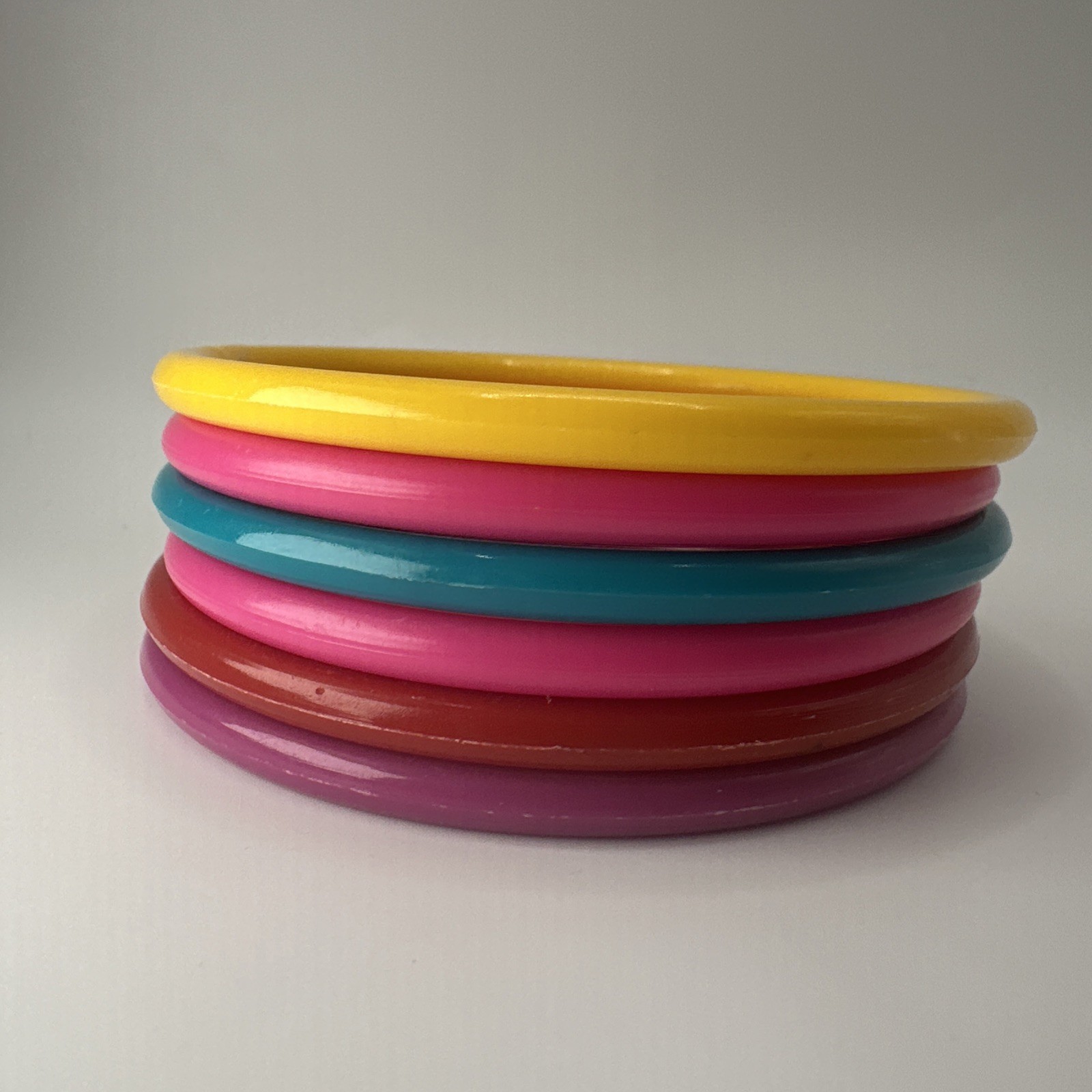 Vintage 1980 Plastic Bangle Bracelet Lot of 6 Teal Pink Yellow Red Stackable