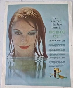 1962 Max Factor Cosmetics blue eyeshadow mermaid eyes Vintage Ad 