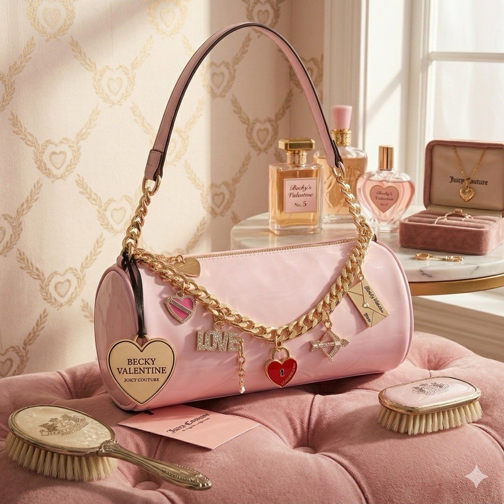 Juicy Couture Pink Shoulder Bag with Heart Charm, Chain & Gold