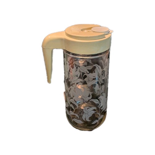 Vintage 1 Quart Glass Beverage Container – Floral Etched Design – Cream Lid with - Picture 2 of 8