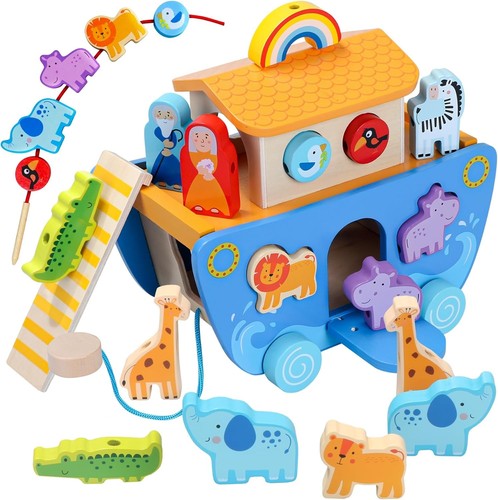 Wooden Noah's Ark Toy with Animal Shape Sorter,Baptism Gifts for 1 2 3 4...