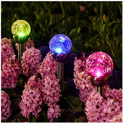 Cracked Glass Ball Solar Path Lights, Color Changing, 3 Pack