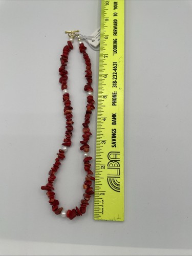 New Red Jade Pearl Necklace Sterling Silver 18Kt Gold Plated 16 Inches