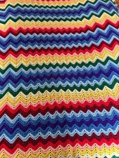 VTG Handmade Crochet Afghan Chevron Throw Blanket Rainbow 90X63 Zigzag Twin Bed