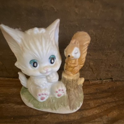 Porcelain Cat Figurine with Squirrel Decorative Collectible White Brown