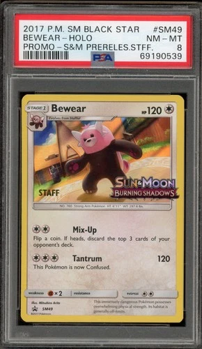 Pokemon Bewear Burning Shadows STAFF Prerelease Holo Promo SM49 PSA 8